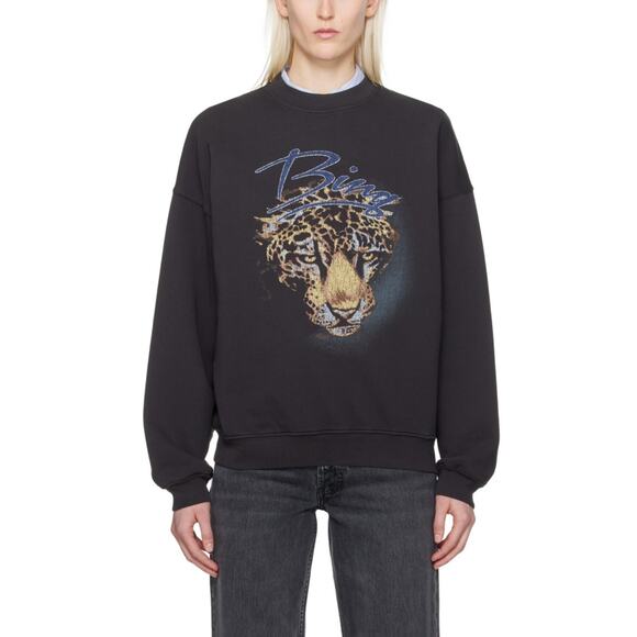 Anine Bing Vintage Black Logo Leopard Harvey Sweatshirt S NEW Oversized Crewneck - Picture 1 of 8